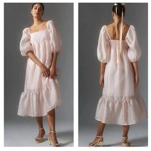 Anthropologie Textured Puff Sleeve Midi Dress